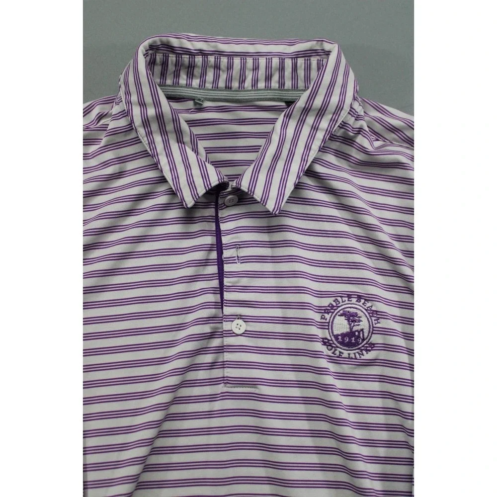 Adidas‎ Golf Polo Shirt Peeble Beach Logo Stripe Purple White Large